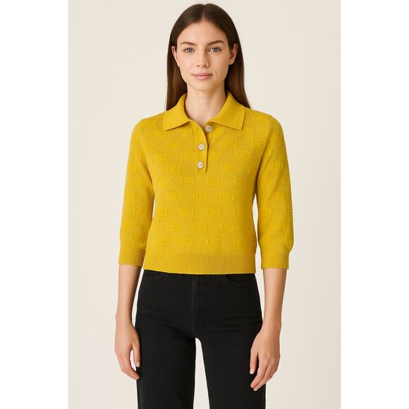Gucci Yellow Metallic Wool Jacquard Collared Logo Polo - Picture 1 of 11